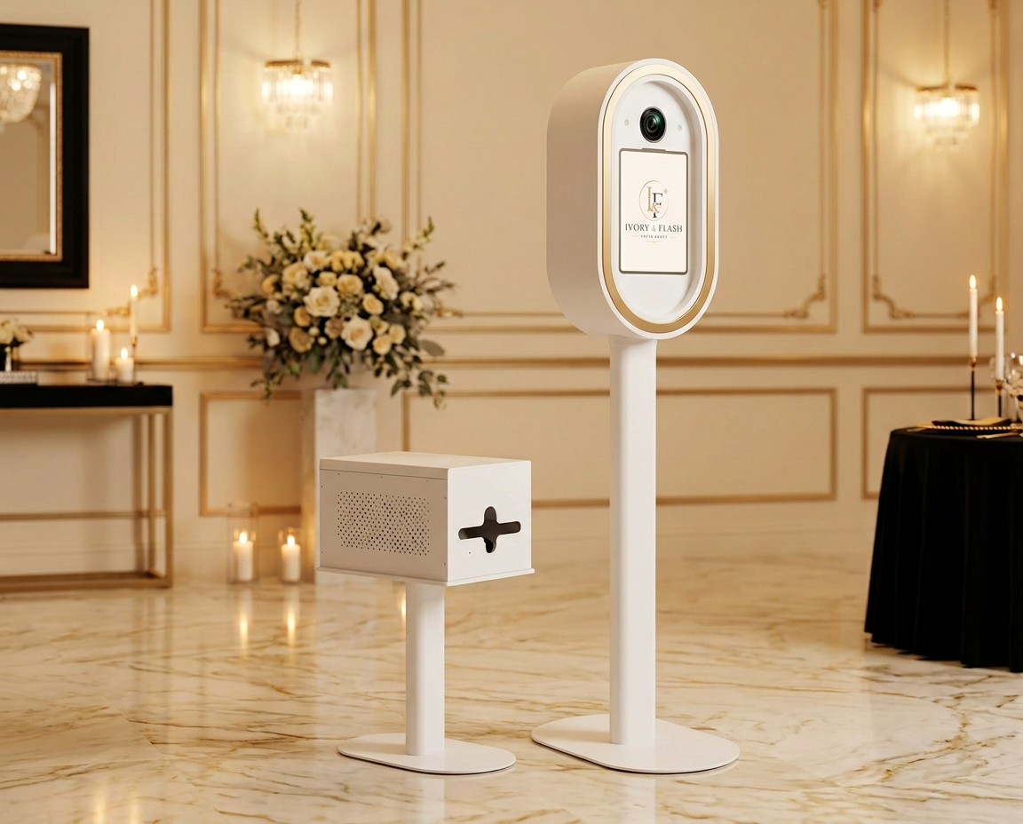 Ivory & Flash open-air photo booth with cream drape, gold mirror and candlelight at a wedding reception
