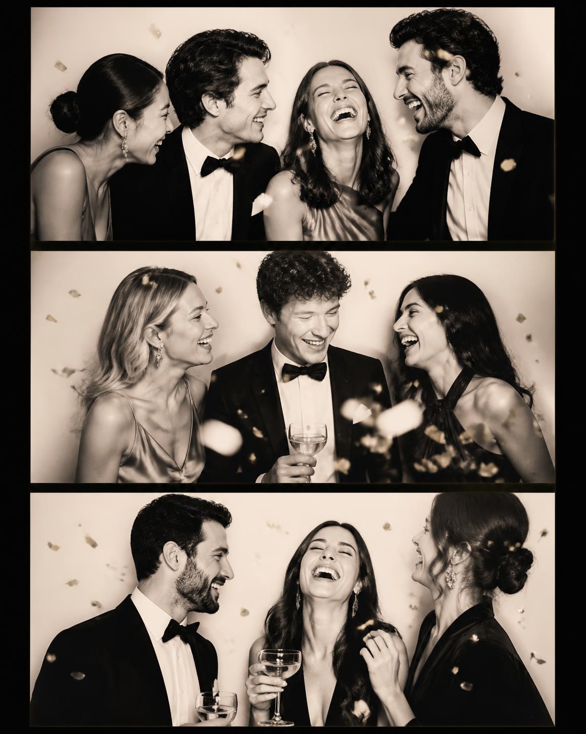 Guests in black tie laughing in an Ivory & Flash photo strip